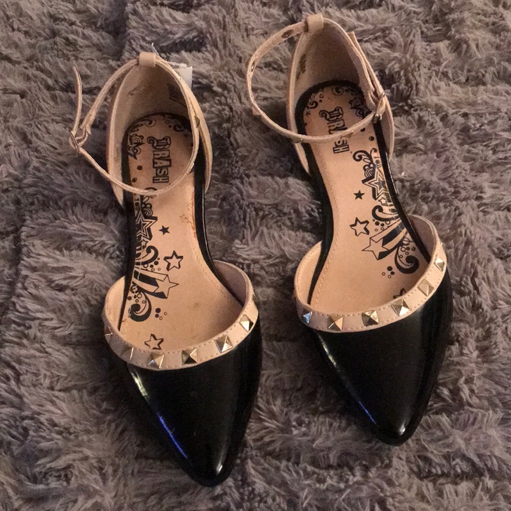 D’orsay flats 8.5 black nude studded ankle strap